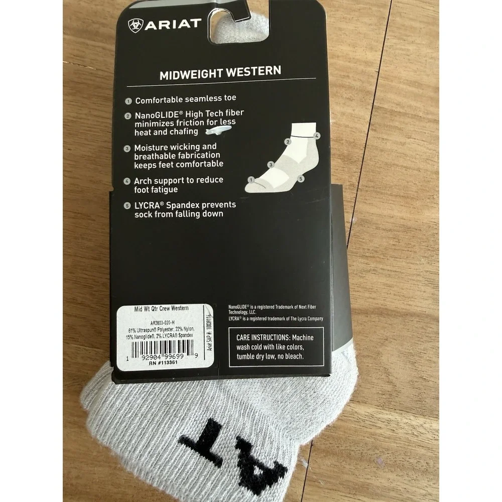 Ariat Midweight Western‎ Quarter Crew Socks Gray Size Medium M Unisex New